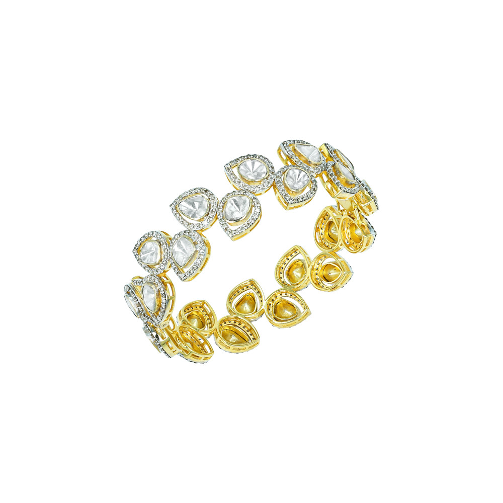 Teardrop Polki Diamond Bangle with Leafy Charm